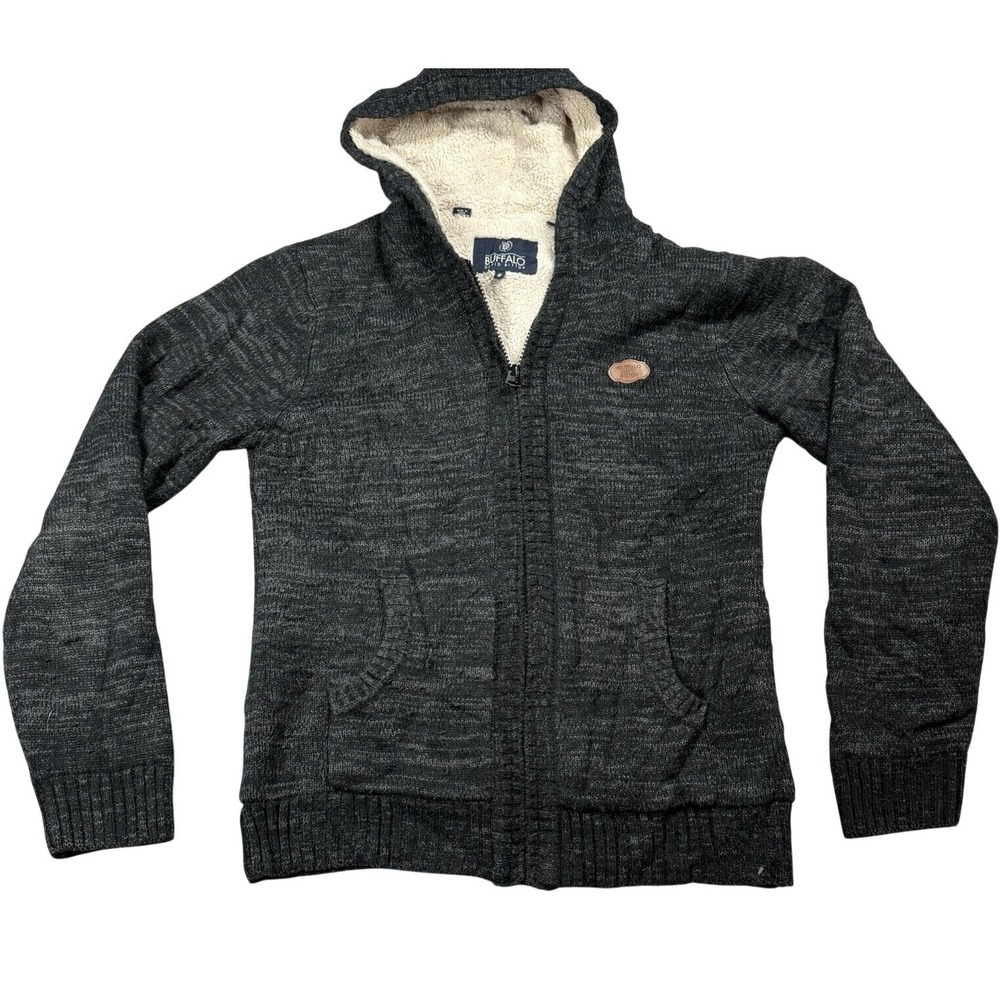 Buffalo Size M Hooded Sweater Mens Charcoal Gray Sherpa Lined Full Zip Cardigan‎